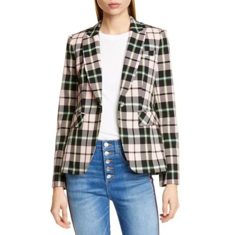 Veronica Beard Pink and Green Plaid Cutaway Dickey Blazer Jacket
